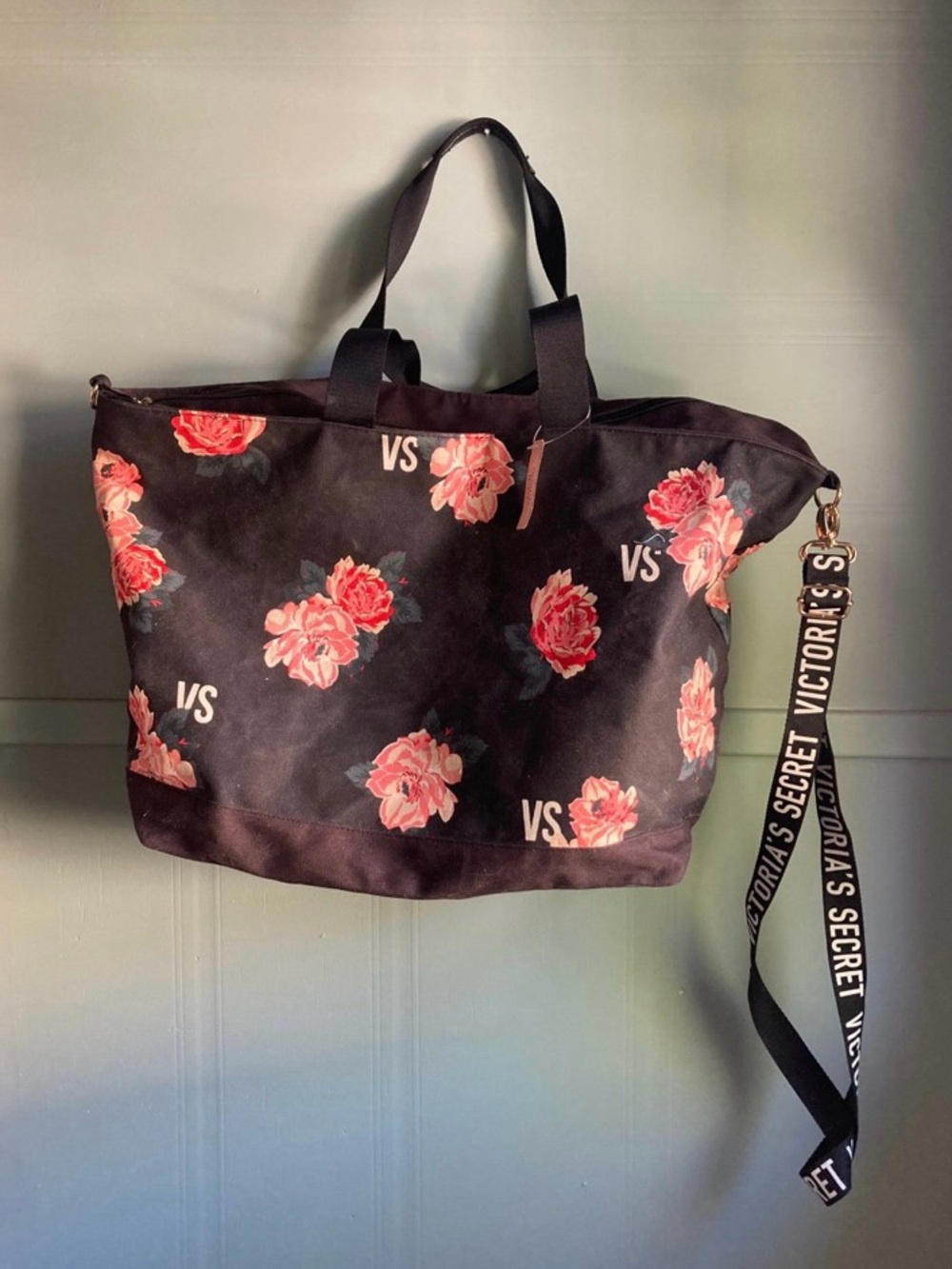 Victoria's Secret Black Tote with Pink Floral Print New